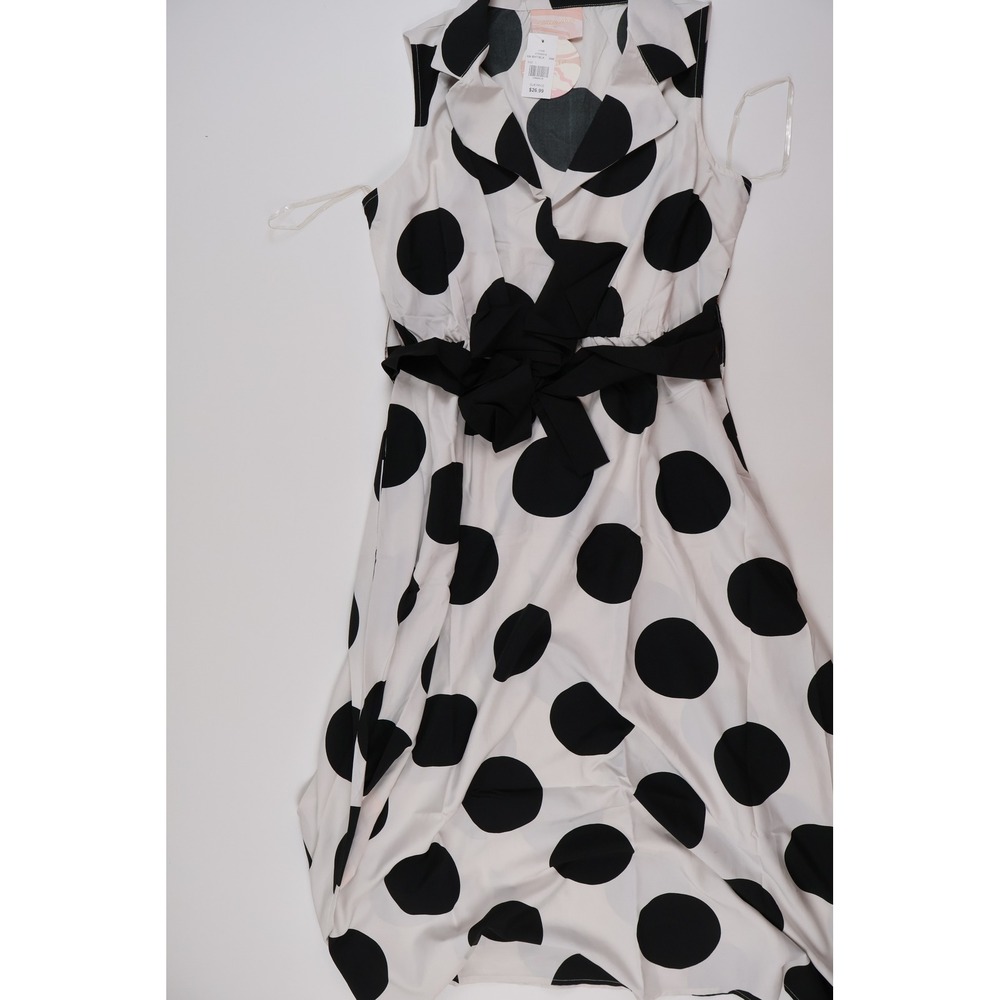 Jing Dress Sleeveless Polka Dot Belted Midi White Black Large NWT